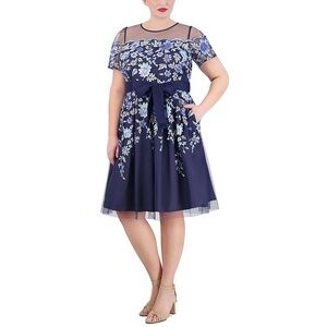 Eliza J Womens Navy Mesh Embroidered Formal Midi Dress - Blue, 16W